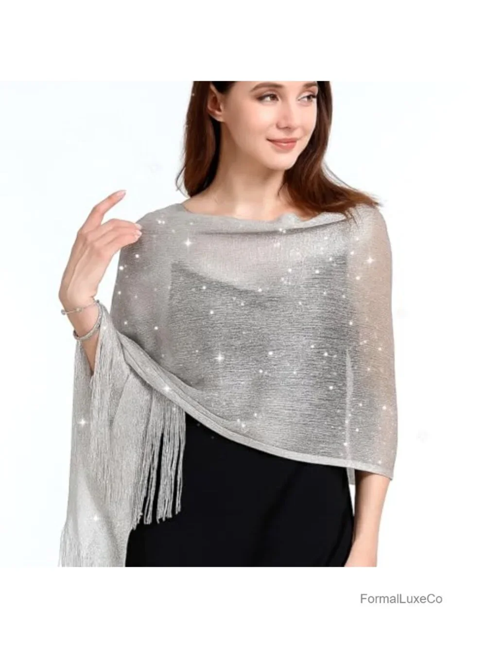 Women's Silver Glitter Fringe Shawl Wrap for Evening Dresses Bridal Capelet